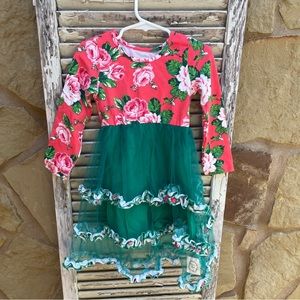 Olive Mae girls sz 3T green/ red Christmas Holiday Dress Tulle Floral.